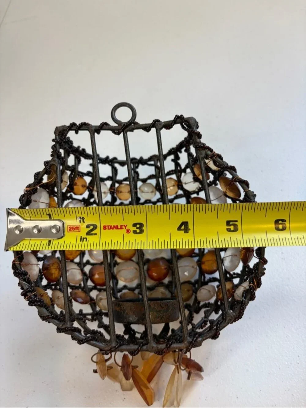 Vintage Boho Beaded Hanging Tea Light Candle Holder Amber Beads 90s Home Decor